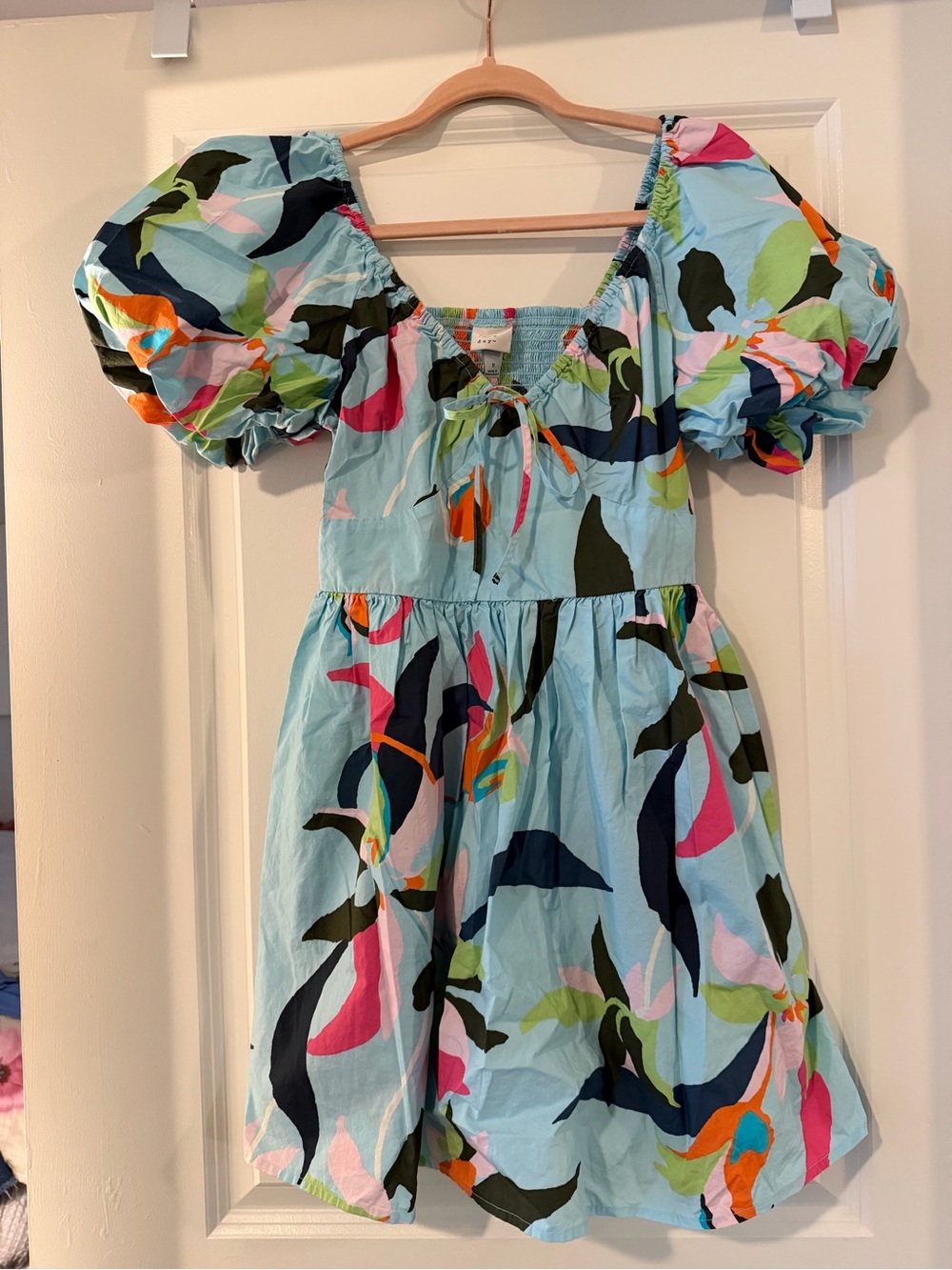 Puff-Sleeve Floral Print Dress - Light Blue